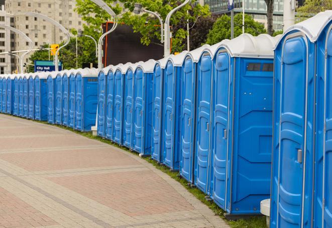 a line of portable restrooms at an outdoor wedding, catering to guests with style and comfort in Charlestown